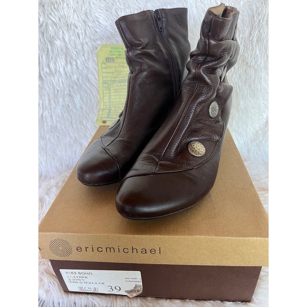 Eric Michael Soho Brown Leather Ankle Boots Slouch Button EU 39 Boho Lagenlook‎